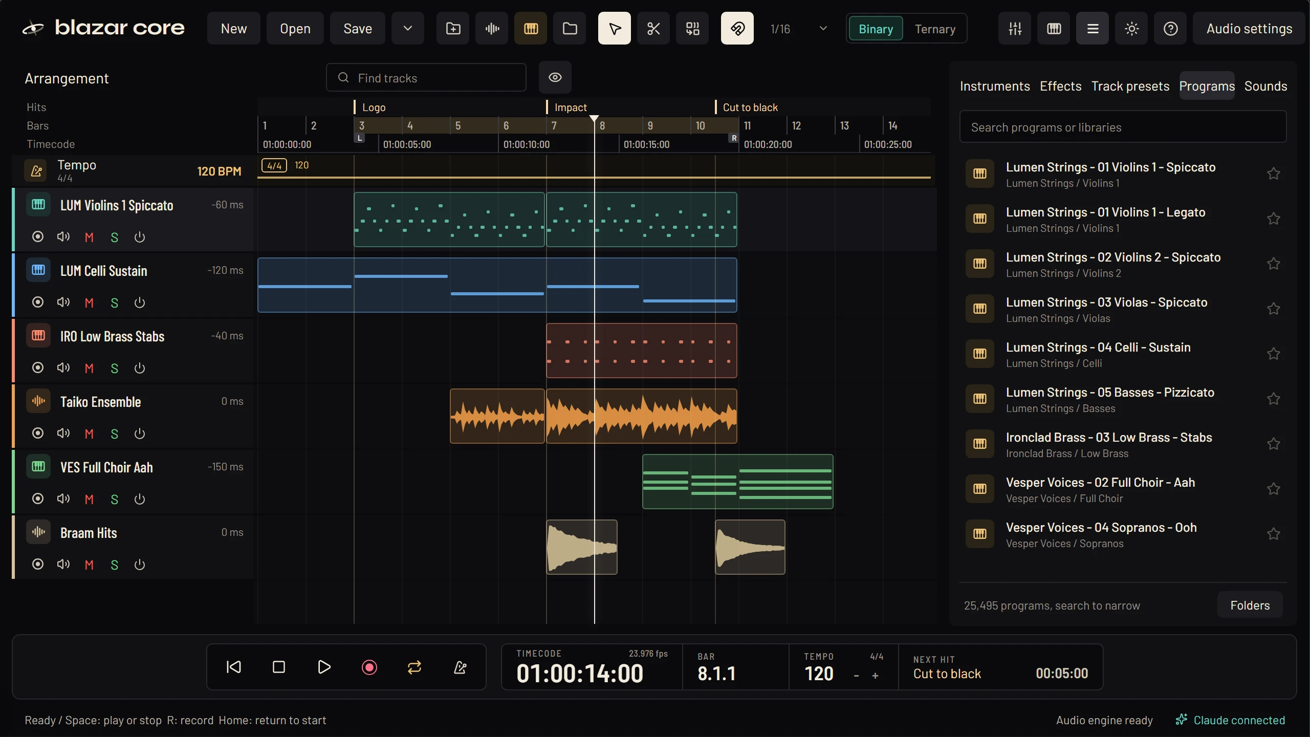 The Blazar Core arrangement window with six scoring tracks, the hit lane, the transport and the Kontakt programs in the browser