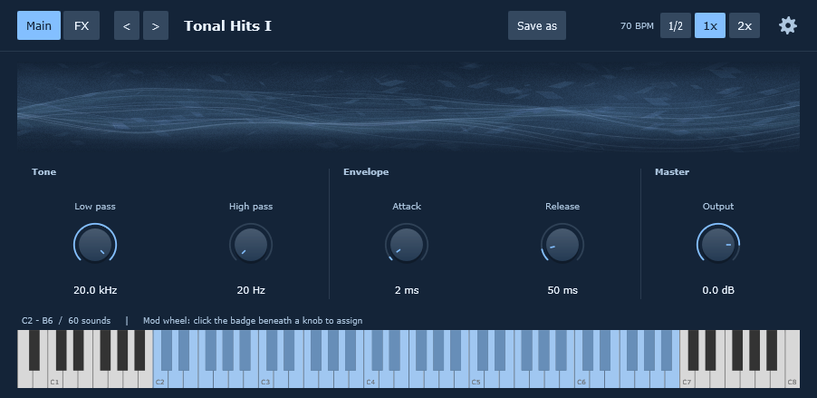 Tonal Trailer Tools in TYDE, showing Tonal Hits I with blue controls and 60 mapped sounds on its keyboard
