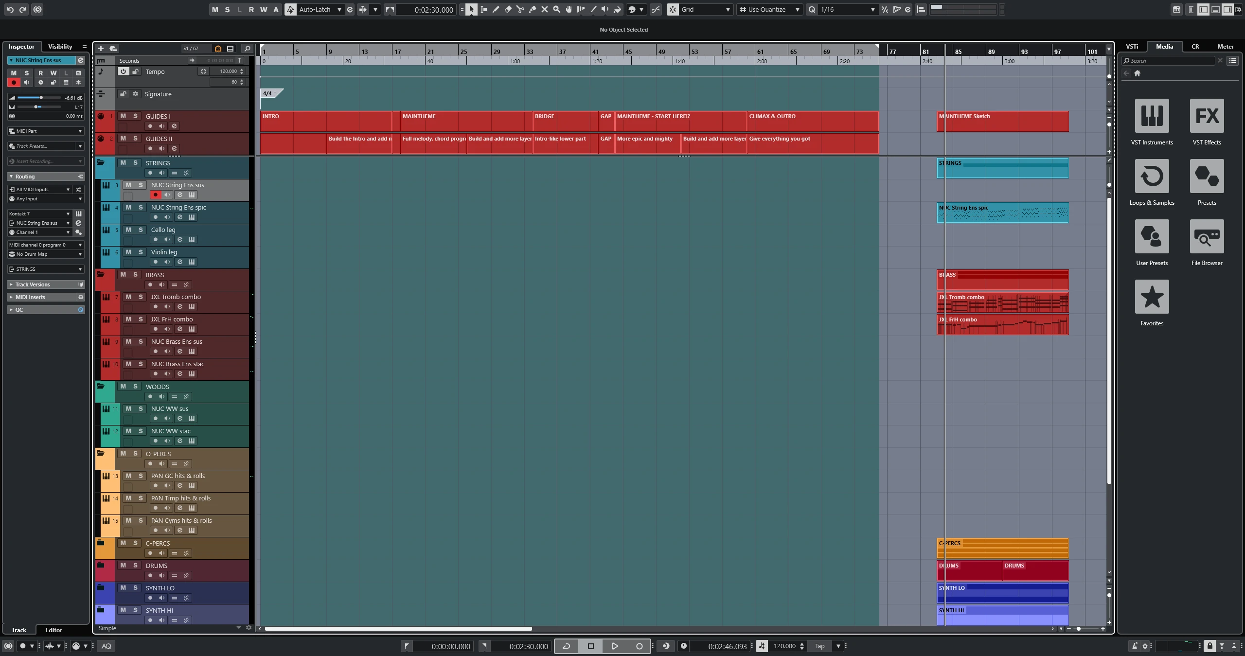 The template open in Cubase 14: guide tracks across the top marked Intro, Maintheme, Bridge, Gap and Climax & Outro with production notes under them, and colour-coded folders for strings, brass, woodwind, percussion, drums and synths down the track list